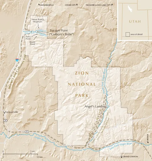 This map of Zion National Park shows the location of Colburn's Butte, (now known as Tucupit Point), the subject of a watercolor made by American artist Thomas Moran in the 1870s.